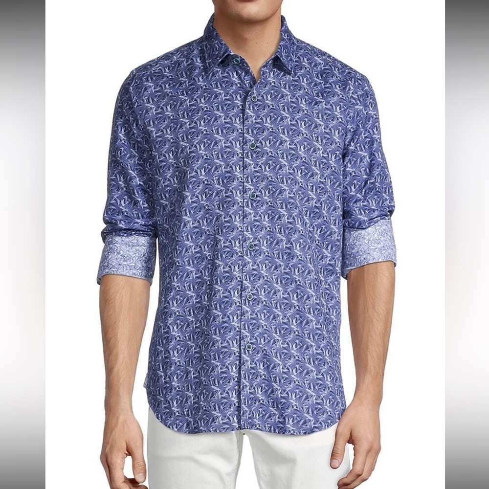 NWOT Robert Graham Dark/Light Blue Abner Leaf Print Linen-Blend Woven Shirt Med